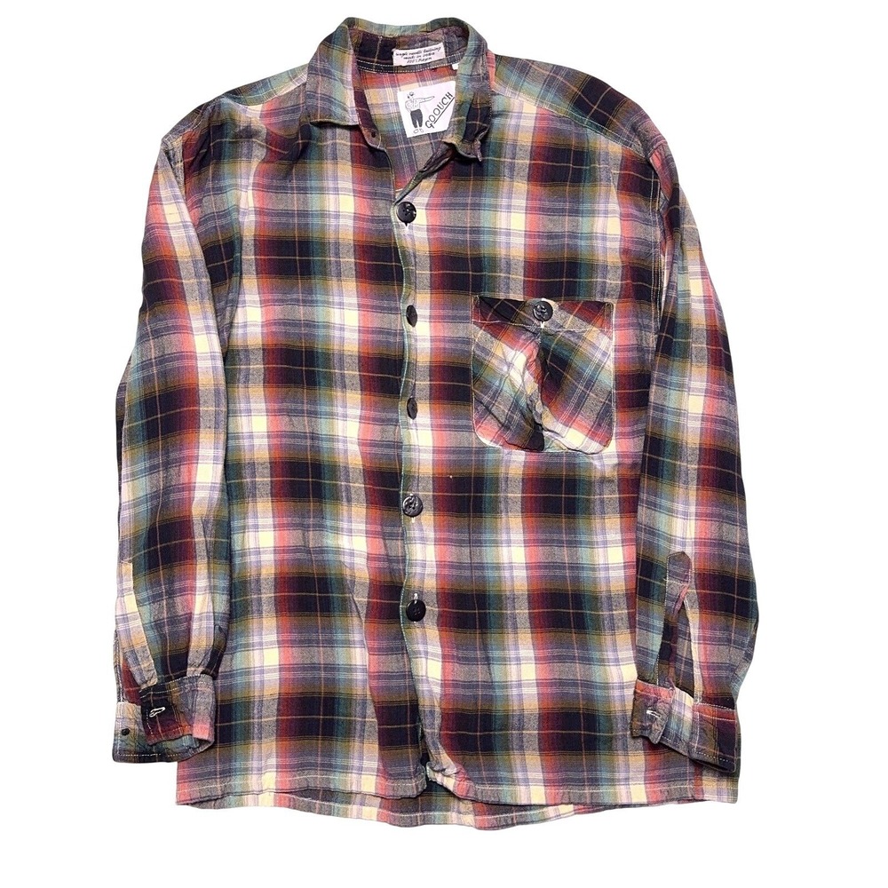 Vintage 90s Goouch‎ Rayon Shirt Mens Small Plaid Art Design Button Up Y2K